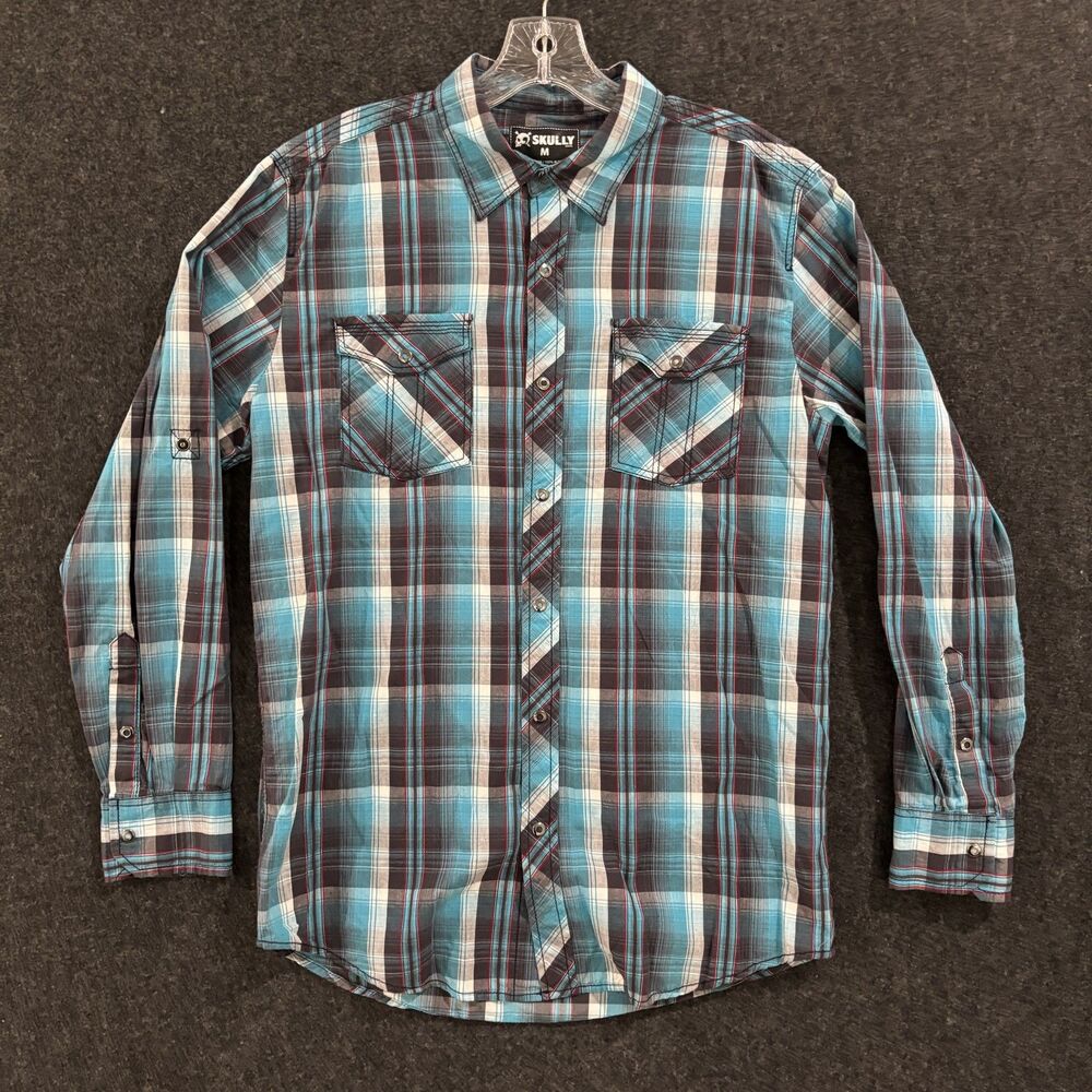 Skully Shirt Men's Medium Blue Plaid Western Pearl Snap Long Sleeve Casual
